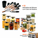 Kit 24 Potes Herméticos MaxLock® + 12 Utensílios De Cozinha Silicone Cabo Madeira